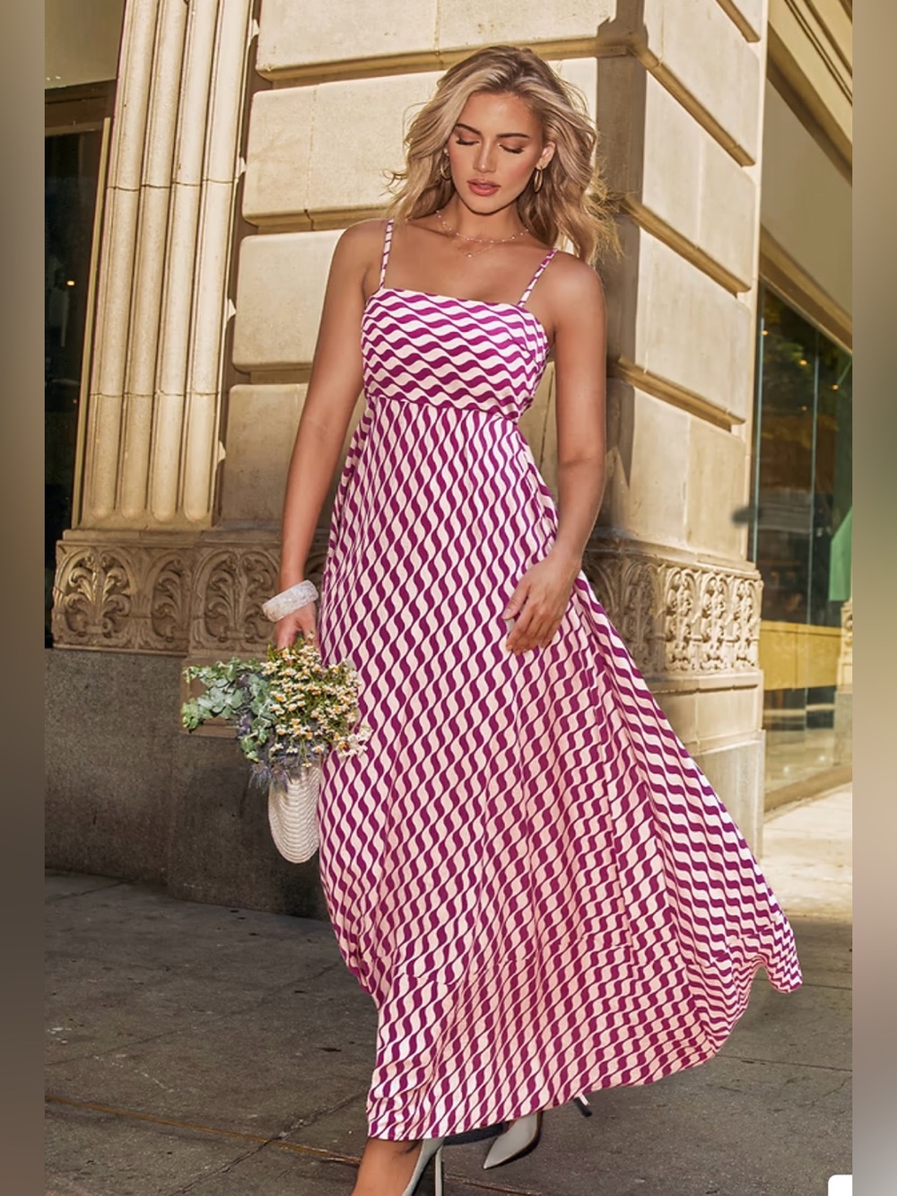 Cupshe Pink Wave-Print Spaghetti Strap Maxi Dress